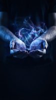 Hands holding glowing blue energy orb with magical particles and light effects against dark background, representing power, magic, innovation, and digital transformation for technology and business concepts.