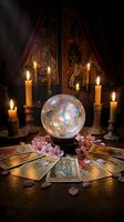 Mystical fortune telling setup with glowing crystal ball, tarot cards, burning candles and rose petals creating atmospheric divination scene for spiritual guidance.