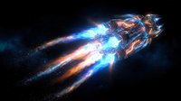 Futuristic spacecraft with glowing blue and orange energy propulsion jets firing through dark space, emitting bright light trails and cosmic particles for sci-fi design.