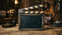 Vintage film clapperboard with worn patina sits on wooden surface surrounded by classic cinema equipment and warm studio lighting for production design.