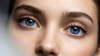 Young woman with striking blue-green eyes and natural makeup showcasing flawless skin texture and defined eyebrows for beauty and skincare concepts.