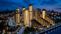 Miniature tilt-shift effect of a glowing modern city skyline at night with illuminated skyscrapers reflecting on a riverside urban landscape.