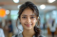 Young South Asian woman with gentle smile and casual updo hairstyle against blurred office background with bokeh lights, expressing warmth and professionalism.
