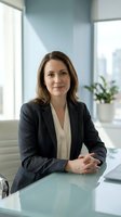 Professional Caucasian businesswoman in dark suit sitting at modern office desk with hands clasped, confident executive portrait in bright corporate workspace.