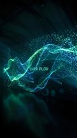 Glowing cyan and turquoise particle waves flow across dark background with data flow text overlay, representing digital technology, network connectivity, and information transfer for tech and business applications.