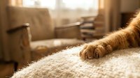 Close-up of a fluffy ginger cat paw resting on a soft white carpet in a warm, cozy living room with golden sunlight.