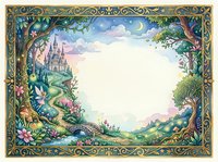 Enchanted fairy tale castle landscape with ornate floral border frame, magical forest scene with blooming flowers and mystical atmosphere for storytelling.