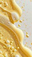 Flowing golden liquid with floating droplets and bubbles creates dynamic wave pattern against light background, suitable for food and beverage advertising.