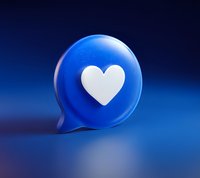Blue speech bubble with white heart icon on dark background, modern minimal social media like or love symbol for engagement and communication design.