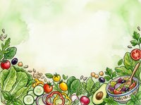 Watercolor garden vegetables and fresh produce arranged on white background with green foliage, ideal for recipe blogs, cooking websites, and food-related designs.