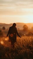 Silhouette of young woman walking through golden wheat field at sunset with arms outstretched, mountains in background creating peaceful countryside scene.