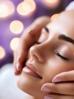 Young woman receiving relaxing facial massage at spa with purple bokeh background, eyes closed, showing professional skincare treatment and wellness service.