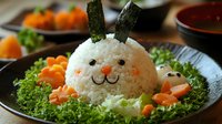 Cute bunny-shaped rice with nori ears, carrot and peppercorn details on black plate garnished with fresh lettuce and carrots, creative food styling for kids meal.