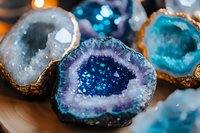 Collection of colorful agate geode slices with sparkling crystal formations in blue, purple and turquoise hues for jewelry making and mineral display.