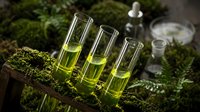 Natural herbal essential oils in glass vials surrounded by fresh green moss and plants for aromatherapy, spa treatments, and organic skincare products.