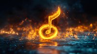 Glowing musical note surrounded by fire and sparks on wet reflective surface against dark dramatic sky with orange flames and smoke effects.