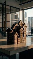 Wooden cube blocks arranged as house shapes on office desk with city skyline view through glass windows for real estate and construction concepts.