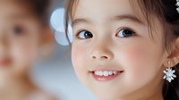 Close up portrait of young Asian girl with bright smile, rosy cheeks, and sparkling earrings against soft blurred background, radiating joy and innocence.