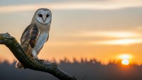 Barn owl perched on branch during golden hour sunset with warm orange sky background creating peaceful wildlife scene for nature photography projects.