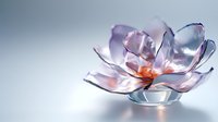 Translucent glass flower sculpture with delicate petals and warm orange center glowing softly against gradient background for modern decor and artistic displays.