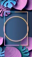 Neon frame with tropical monstera leaves in pink and blue gradient colors on dark background, glowing circle border for social media stories and posts.