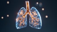 Glowing translucent human lungs with orange light particles and sparkles on dark background, medical science visualization showing respiratory system anatomy.