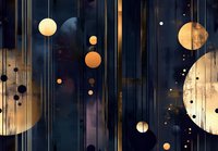 Golden celestial orbs suspended on vertical lines against dark navy background, creating elegant cosmic atmosphere for luxury interior design.