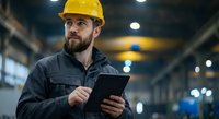 Bearded Caucasian male industrial worker in yellow hard hat using digital tablet in manufacturing facility for quality control and production management.
