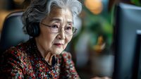 Senior Asian woman with gray hair and glasses looking thoughtfully at computer screen, wearing floral pattern blouse in modern office setting with soft bokeh background.