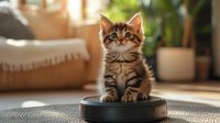 Adorable striped Maine Coon kitten sitting on robotic vacuum cleaner in cozy home interior with natural sunlight and houseplants in background.