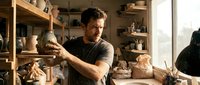 Middle-aged Caucasian male potter crafting clay vessel in rustic ceramic studio workshop with shelves of handmade pottery and natural lighting for artisan craft content.