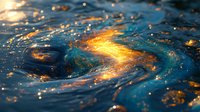 Swirling water surface with golden sunlight reflections creating magical abstract patterns. Macro photography captures dancing light and liquid motion in deep blue tones.