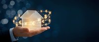 Hand holding glowing house with floating currency symbols, representing real estate investment, property value growth, and global financial opportunities.
