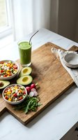 Healthy breakfast spread with green smoothie, quinoa salad bowls, fresh avocado and vegetables on wooden cutting board for nutritious meal preparation.