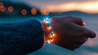 Glowing fairy light bracelet on woman's wrist at sunset creates magical atmosphere with bokeh lights and cozy sweater sleeve. Perfect for holiday and winter themes.