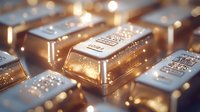 Shiny gold and silver bullion bars with selective focus and bokeh lighting effects create luxurious wealth and investment concept background.