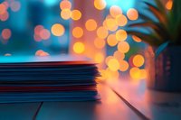 Stack of papers on desk with blurred golden bokeh lights in background creating dreamy atmosphere. Plant silhouette adds natural element to cozy evening scene.