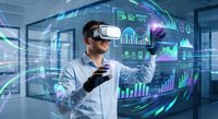 Young Caucasian businessman in white shirt using VR headset interacting with holographic financial data charts and graphs in modern office environment.
