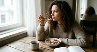 Young mixed-race woman enjoying healthy breakfast bowl with granola and berries at wooden table by window in cozy morning light at home.