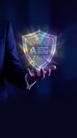 Professional holding glowing neon shield with circuit board pattern and advanced digital insurance text, representing cybersecurity, data protection, and technology solutions for business and financial services.