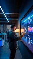 Business analyst examining interactive data dashboard with charts and graphs in modern office environment for corporate decision making.