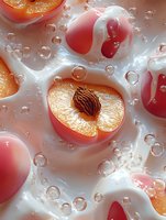 Fresh ripe peach slices floating in creamy white milk or yogurt with bubbles and splashes, macro food photography showing juicy fruit texture and details.