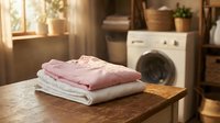 Neatly folded clean laundry stack on wooden table in bright laundry room with washing machine and natural sunlight streaming through window.