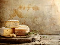Assorted artisanal cheese wheels on rustic wooden board with herbs against textured beige background, perfect for gourmet food marketing.