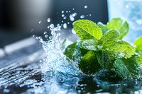 Fresh mint leaves with water droplets and splash on dark background, macro photography with selective focus showing vibrant green color and refreshing mood.
