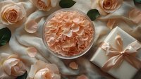 Delicate peach roses and petals arranged with wrapped gift box on soft silk fabric, creating romantic composition in pastel coral and cream tones for wedding or celebration.