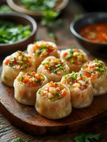 Steamed cabbage rolls stuffed with vegetables and herbs served on wooden plate with fresh garnish and dipping sauce for healthy Asian cuisine meal.