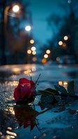 Red rose lying on wet pavement at night with bokeh city lights creating romantic urban atmosphere for love and relationship concepts.