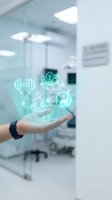 Hand displaying holographic wellness icons including meditation, fitness, brain health and yin yang in modern medical office environment for healthcare technology.