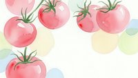 Watercolor pink tomatoes with green stems on white background. Fresh organic vegetables for healthy cooking and garden harvest designs.